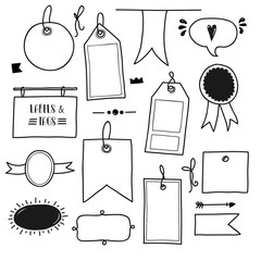 Set of simple hand drawn labels and tags in black and white