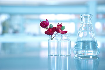 red flower with flask and vial in  science laboratory