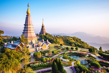 Doi Inthanon landmark twin pagodas at Inthanon mountain near Chiang Mai, Thailand. - obrazy, fototapety, plakaty