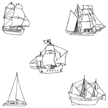 Sailboats. Sketch by hand. Pencil drawing by hand. Vector image. The image is thin lines