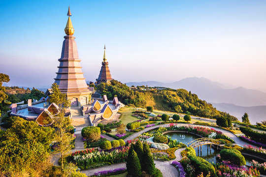 Doi Inthanon landmark twin pagodas at Inthanon mountain near Chiang Mai, Thailand.