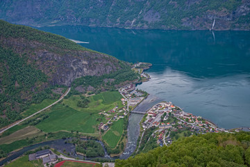 Fototapeta na wymiar Aurland town from Stegastein lookout, Norway.