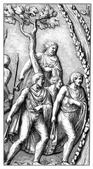 Vintage engraving representing German warriors going to fight with slingshots and lances, scene carved on the victory colunm of Marcus Aurelius in Rome (II century)