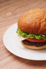 Hamburger with salad and cheese sauce