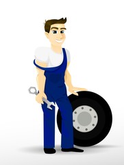 Auto Mechanic. Happy man holding a wrench and leaning on a wheel. Workers, cartoon characters for your ad.