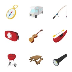 Camp icons set, cartoon style