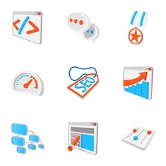 Optimization icons set, cartoon style
