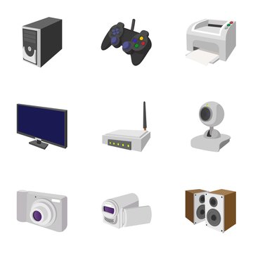 Electronic appliance icons set, cartoon style