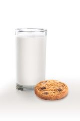 Milk and chocolate chip cookies isolated on white background.