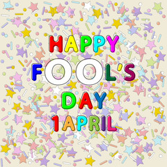 rounded lettering vector of happy fool's day 1 april on color stars, lines and dots backgrounds with outline