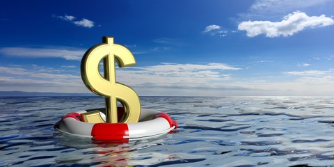 Lifebuoy and a dollar symbol on blue sea background. 3d illustration