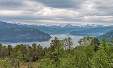 Fototapeta na wymiar Innvikfjorden at Utvik town, Norway.