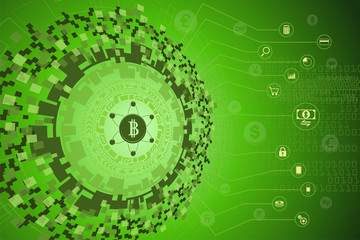 Fintech. Financial Technology concept. Futuristic technology graphic with bitcoin or digital money linking to gadgets icon and international currency coin floating on background.