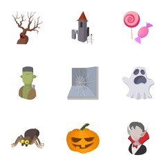 All hallows evening icons set, cartoon style