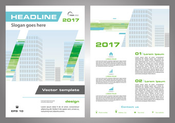 Vector flyer, corporate business, annual report, brochure design and cover presentation in green and blue color. Front page and back page.