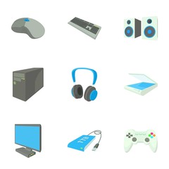 Computer data icons set, cartoon style