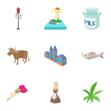 Tourism in Holland icons set, cartoon style
