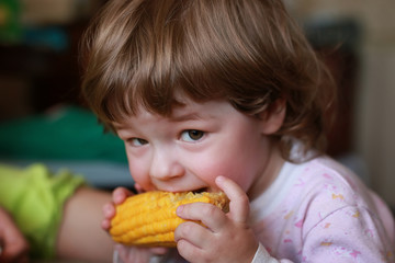 little boy eats greedily biting corn