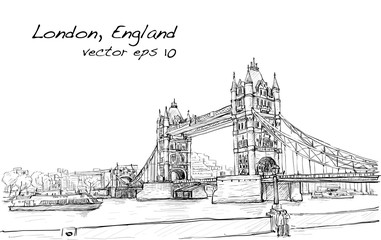 Obraz premium rysunek szkic pejzażu Tower Bridge, Londyn, Anglia, wektor ilustracja