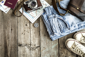 Travel concept on wooden table