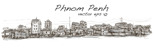 sketch of townscape in Phnom Penh slum, free hand draw illustration vector