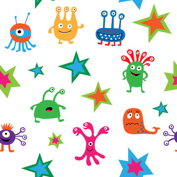 Cute bright seamless texture with aliens and stars