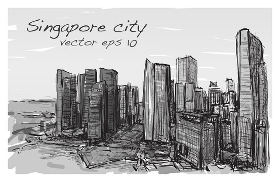 Sketch cityscape of Singapore building skyline, free hand draw illustration vector