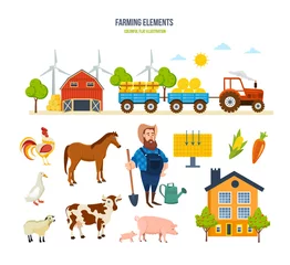Papier Peint photo Ferme Entrepôt agricole, tracteur avec foin, animaux, fruits, légumes, lieu rural.