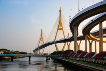 Bhumibol Bridge with soft light sunset in Bangkok, Thailand and the truck.