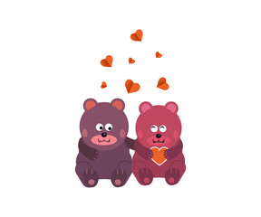 Cute animal couple holding hand with hearts.