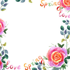 Pink rose, letters, Seamless pattern, watercolor