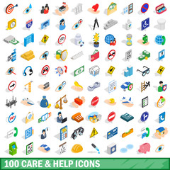 100 care and help icons set, isometric 3d style