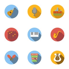 Musical instruments icons set, flat style