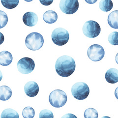Seamless blue polka dot pattern with watercolor stains on white background. Hand drawn illustration.