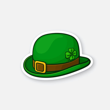 Vector illustration. Green bowler hat with buckle and clover. Saint Patrick's Day symbol. Sticker in cartoon style with contour. Decoration for greeting cards, patches, prints for clothes, badges