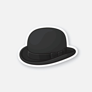 Vector illustration. Black retro bowler hat. Vintage elegant hat. Sticker in cartoon style with contour. Decoration for greeting cards, patches, prints for clothes, badges, posters, emblems