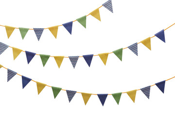 Bunting party flags made from scrapbooking paper on white background