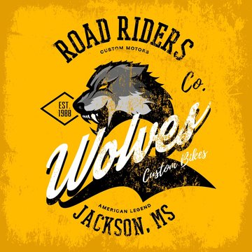 Vintage American furious wolf bikers club tee print vector design isolated on yellow background.  Premium quality wild animal superior logo concept illustration.