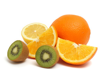 Orange lemon kiwi isolated on white background