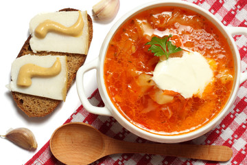 borsch borscht borshch in plate with wood spoon and black bread isolated on white