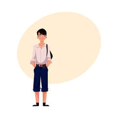 Japanese teenage schoolboy in typical uniform wearing white shirt and shorts, cartoon vector illustration with place for text. Full length portrait of typical Japanese schoolboy
