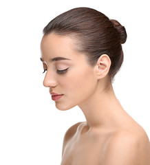 Naklejka premium Face of young woman on white background