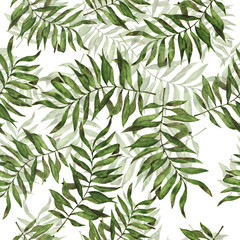 Seamless pattern with green palm tree leaves on white background. Hand drawn watercolor illustration.