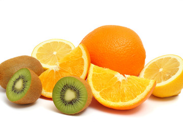 Orange lemon kiwi isolated on white background