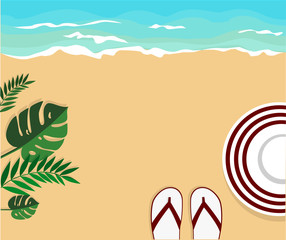 Fototapeta na wymiar Summer background. Hat and shoes on sand beach near the sea palm leaves. Hand drawn vector illustration. Space for your text. Template for your design.