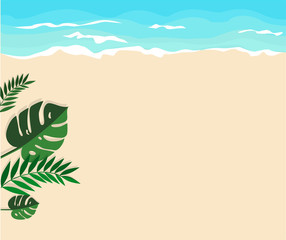 Fototapeta na wymiar Beautiful summer background. Sand beach and waves of the sea palm leaves. Hand drawn vector illustration. Space for your text. Template for your design.