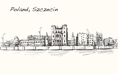 Sketch Cityscape of Poland, Szczecin city ,free hand draw illustration vector - obrazy, fototapety, plakaty
