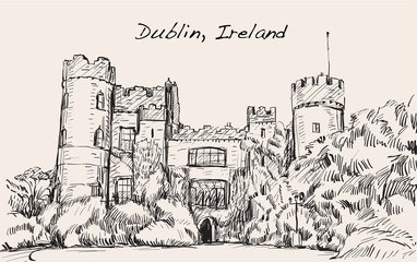 Sketch landscape of Dublin city, Ireland, Malahide castle, free hand draw illustration Vector