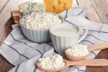 Fresh dairy products on napkin, closeup