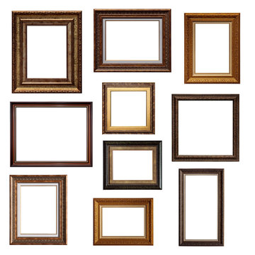 Set of picture frames. Collage of different canvas painting frames isolated on white background